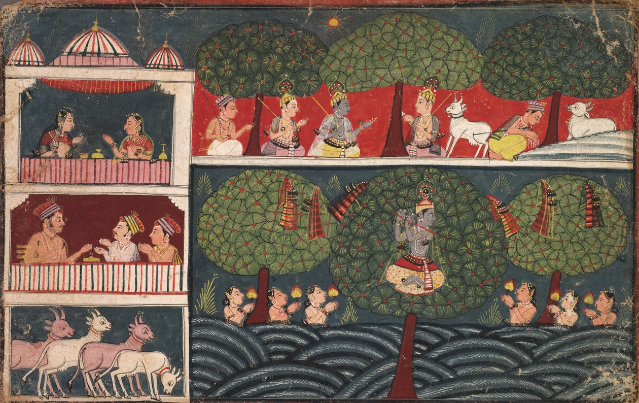 Krishna Steals the Clothes of the Milkmaids and Expounds on the Virtue of Trees, from a Braj Bhagavata Purana by Unknown artist