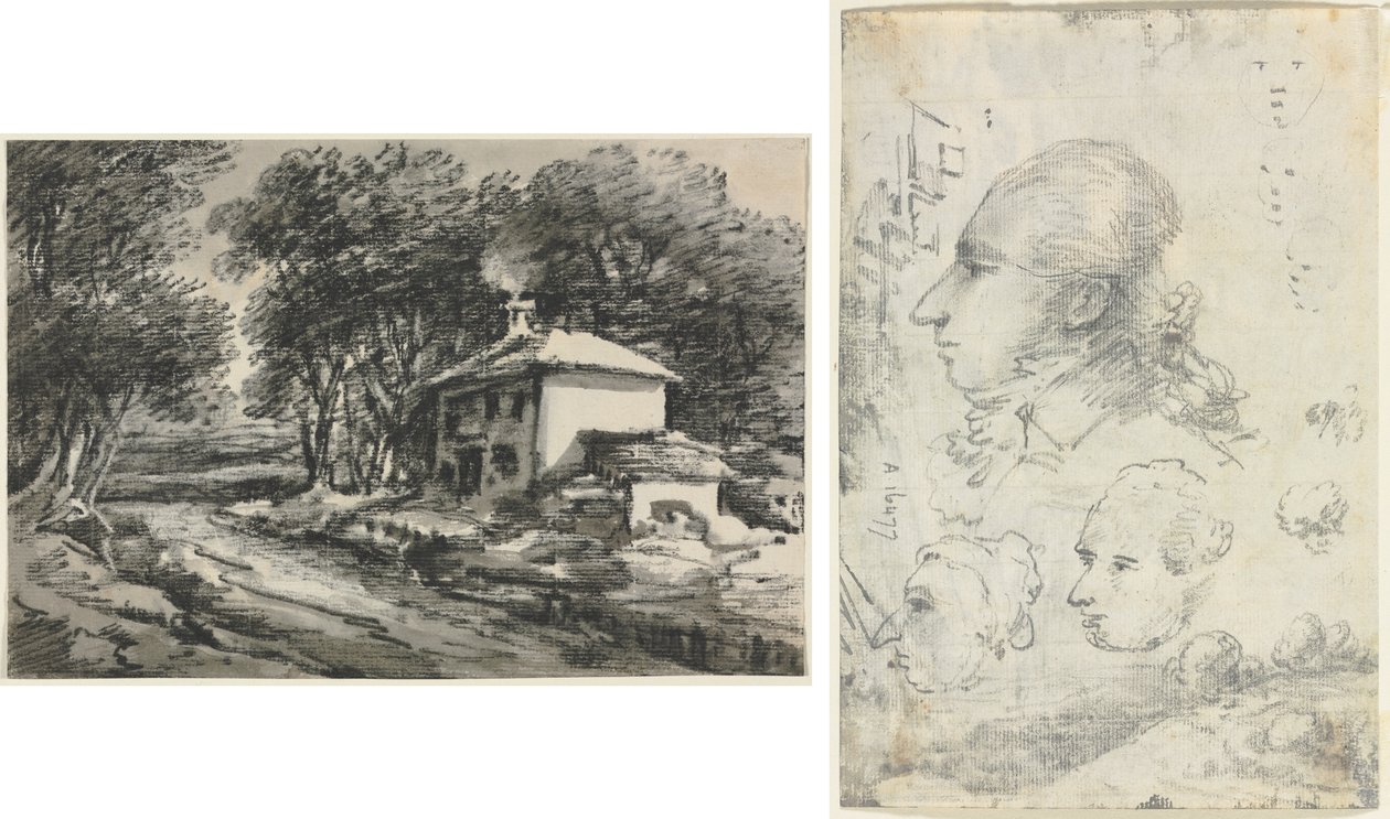 Landscape with Cottage; Studies of Heads by Unknown artist