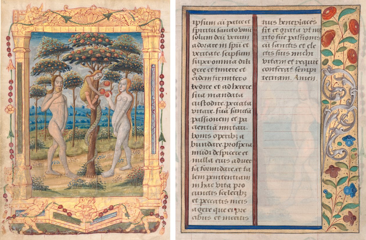 Leaf from a Book of Hours: Adam and Eve and the Fall of Man (Prefatory Miniature to the Office of the Virgin) (recto) and Text with Illustrated Border (verso) (1 of 3 Excised Leaves) by Unknown artist