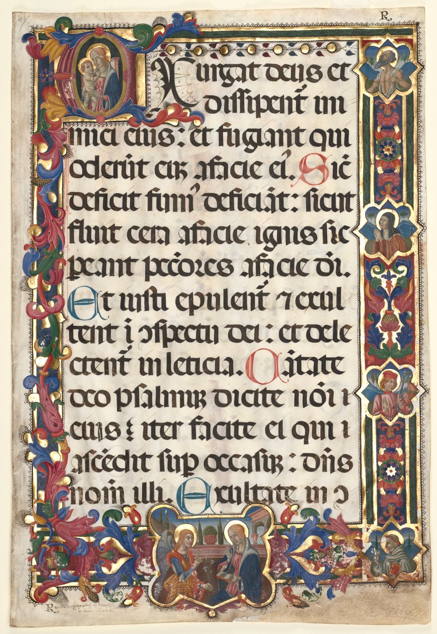 Leaf from a Psalter with Full Border with Medallions (Annunciation, SS. Jerome, Clare, Sebastian and Bernardino) and Historiated Initial (E): Virgin and Child by Unknown artist
