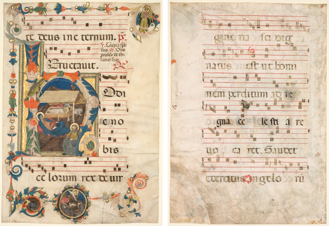 Leaf from an Antiphonary with Historiated Initial (H) with The Nativity (recto) and Music (verso) by Unknown artist