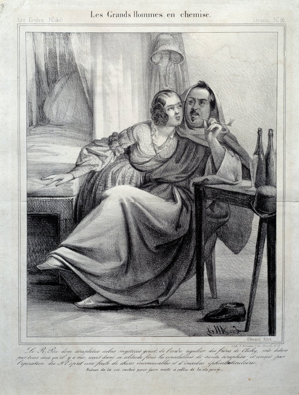 Les grands hommes en chemise Representation of the writer Honore de Balzac (1799-1850) enlacing a young woman while smoking a cigarette by Unknown artist