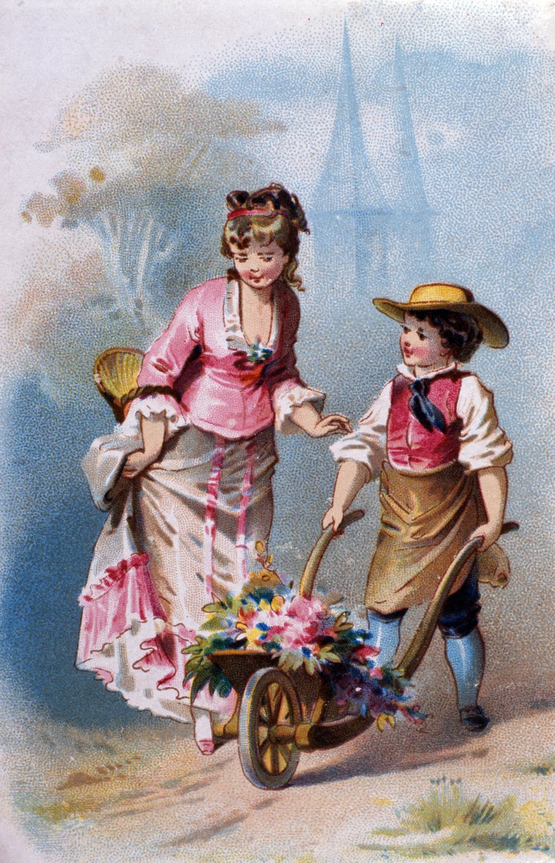 Little Gardener: A Young Boy with a Wheelbarrow Full of Flowers Talks with a Young Woman on the Way to a Village by Unknown artist