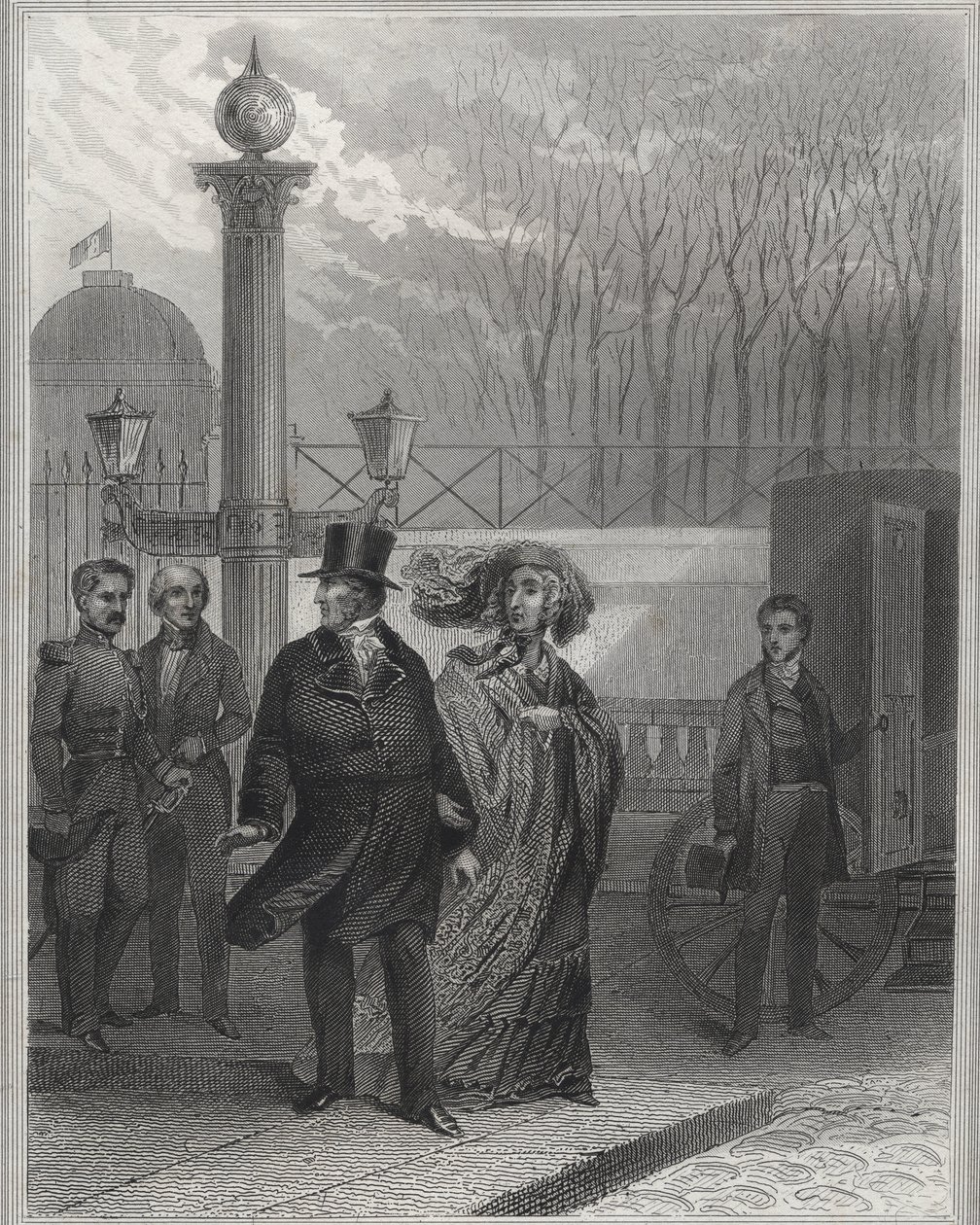 Louis Philippe and his family outside the Tuileries Palace - Abdication of Louis-Philippe I, February 24, 1848 and establishment of the Second Republic - Revolution of February 1848. The people stormed the Tuileries on February 24, 1848 following the king by Unknown artist