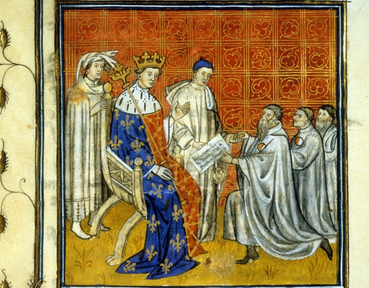 Louis X grants a charter to the Jews of the kingdom - Redemption by the Jews, in 1315, of their right to return to the kingdom of France after the expulsion of 1308 by Philip the Bel. They are identifiable by the white and red wheel. Illumination by Unknown artist