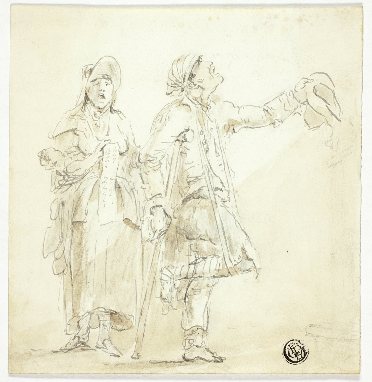 Man on Crutches Begging, with Woman Singing and Holding Baby by Unknown artist
