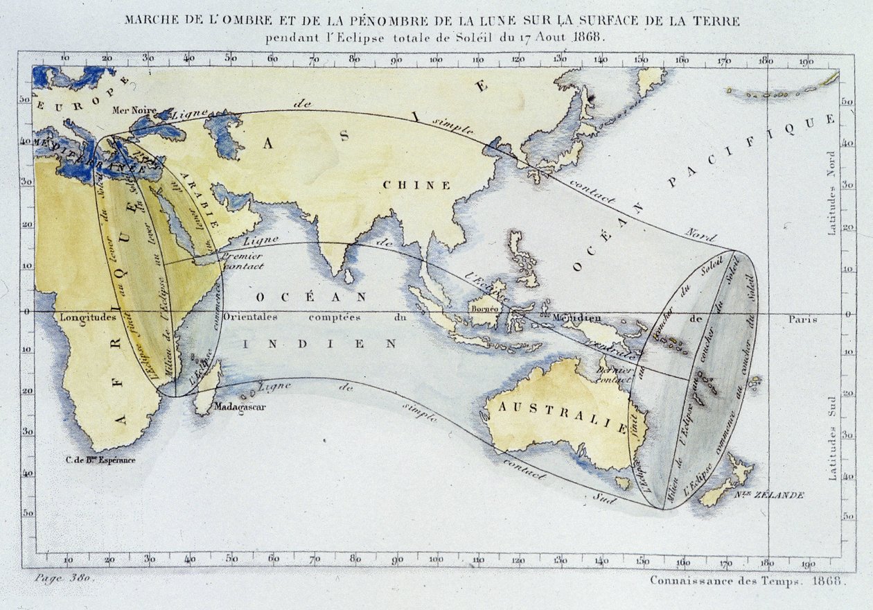 Map, published by the Bureau of Longitudes, showing the march of the shadow and darkness of the Moon on the Earth