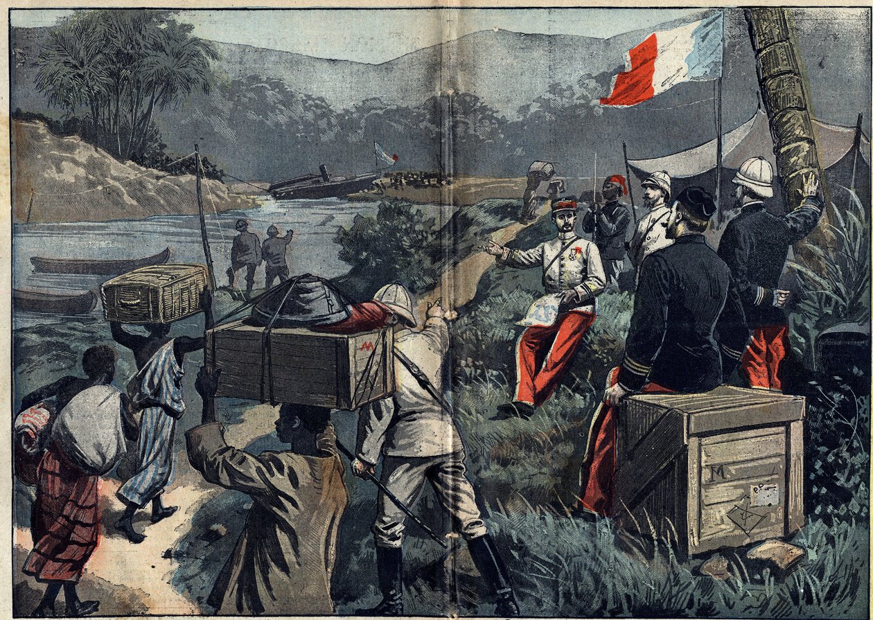 Marchand Mission in Africa (1896-1899): the expedition taking possession of the Upper Nile in 1898. Launch of the demountable steam 