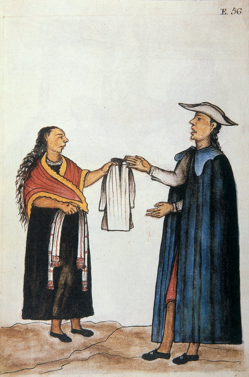 Marriage arrangement between Indians, negotiation about the outfit of the bride, from the book Trujillo del Peru or Codice Martinez Compañón, by Baltazar Martinez Compañón y Bujanda, bishop of Trujillo (1782-1785) by Unknown artist