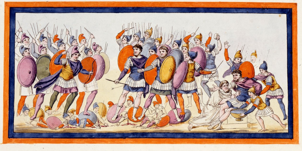 Menelaus, a Greek warrior, has just been wounded by an arrow of an ally of the Trojans. The Iliad, song IV. Engraving from the end of the 18th century by Unknown artist