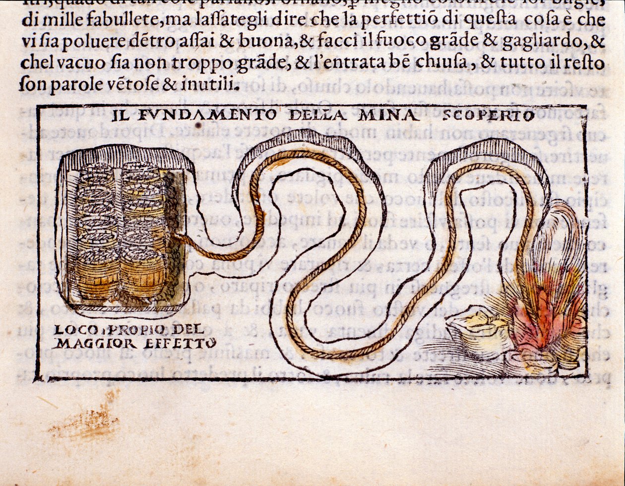 Military strategy: depiction of an underground gallery dug under the foundations of an enemy fortress and installation of explosives. Engraving from the metallurgy milking “De la Pyrotechnia” (or Pirotechnia) by Vannoccio Biringuccio (1480-1539) 1550. by Unknown artist