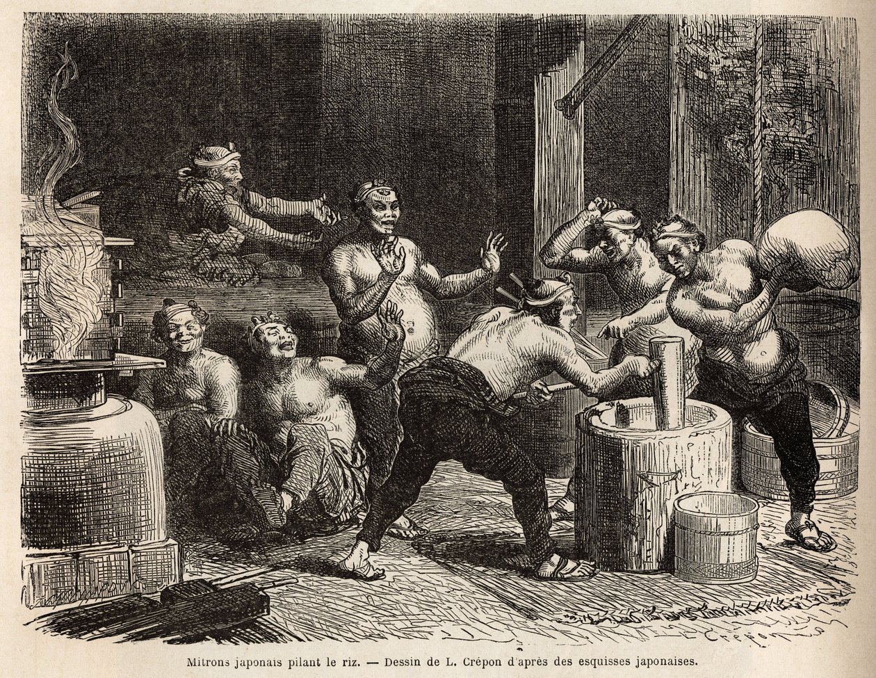 Mitrons pounding rice, before it is brewed to make rice beer. Engraving to illustrate the voyage to Japan, by Aime Humbert, minister of the Swiss Confederation, in 1863-1864, published in Le tour du monde 1869, edited by Edouard Charton, edition Hachette by Unknown artist