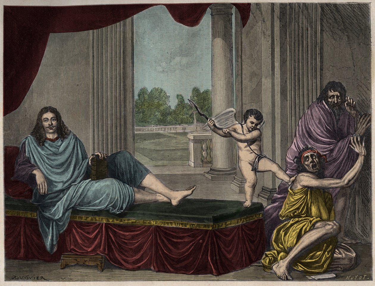 Moliere Jean Baptiste Poquelin (1622-1673) Evoking the Genie of Comedy to Cast Down Vice and Hypocrisy - Engraving after a Painting from the 17th Century by Unknown artist