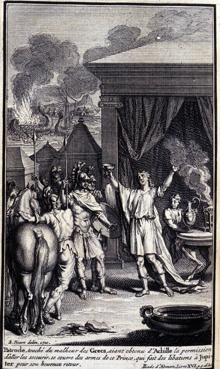 Patroclus, touches the misfortune of the Greeks, having obtained permission from Achilles to go and rescue them, covers himself with the weapons of this prince, who makes libations to Jupiter for his happy return. Illustration of book XVI of the Iliad by Unknown artist