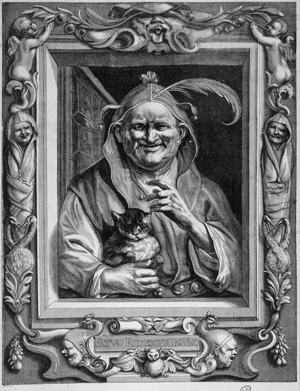 Personification of madness holding a cat by Unknown artist