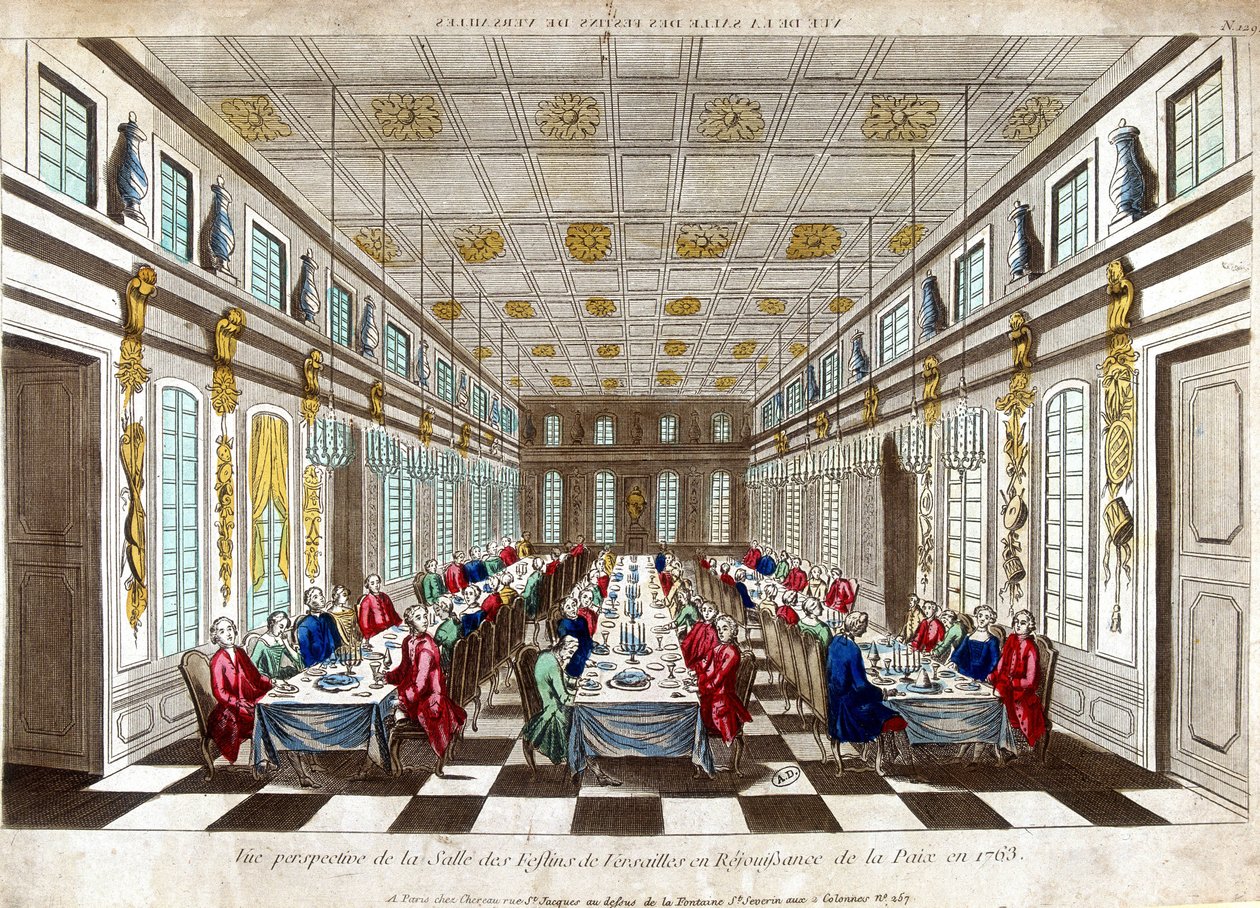 Perspective view of the Salle des Festins de Versailles in celebration of peace in 1763 between Great Britain, France and Spain by Unknown artist