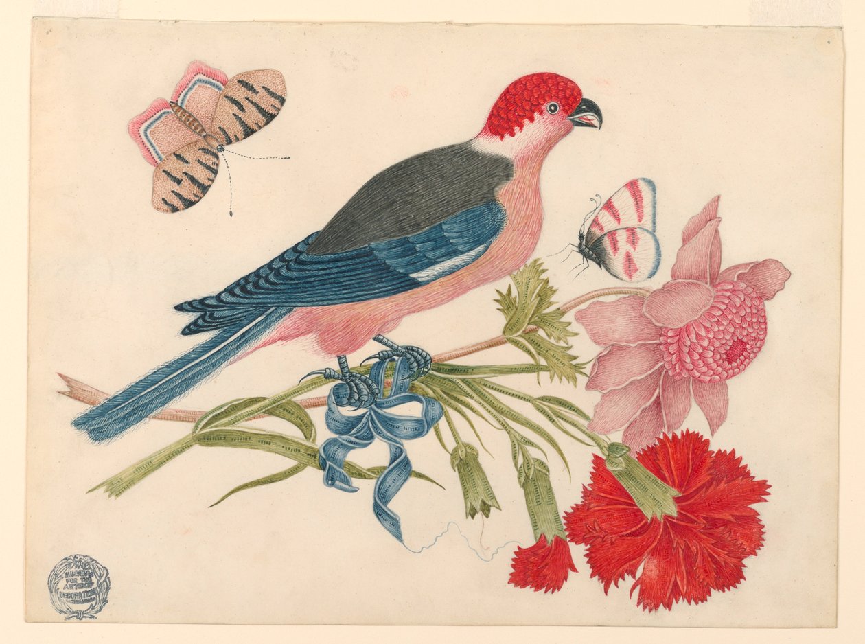 Pink, Red, Blue, and Black Bird on Branch with Blossoms and Butterflies by Unknown artist
