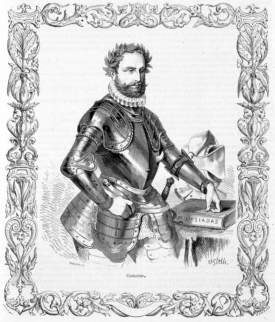 Portrait of Luis de Camoens in armor - engraving by Unknown artist