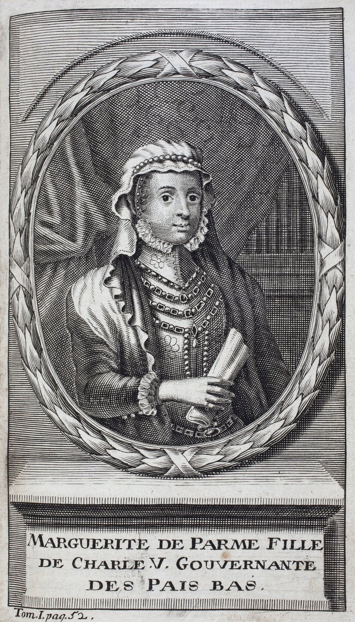 Portrait of Margarita of Parma, Duchess of Parma and Piacenza, natural daughter of Charles V and governess of the Netherlands from 1559-1581. Engraving to illustrate History of the War of Flanders, by Flamianus Strada, edition Joseph T