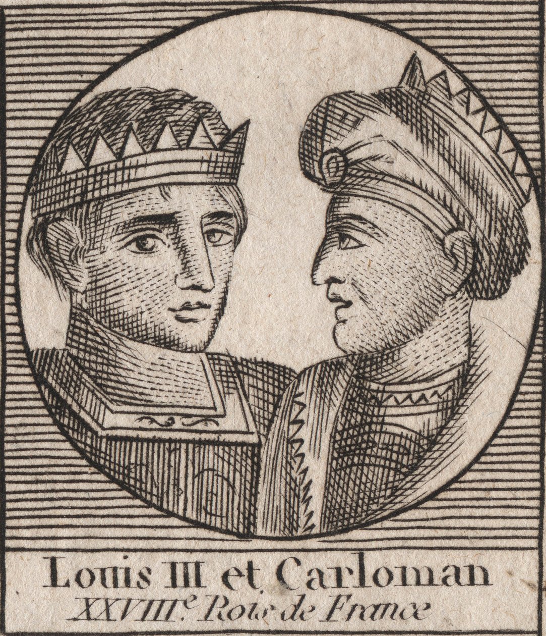 Portraits of Louis III (863/65-882) King of the Franks between 879 and 882 and Carloman II (866-884), King of the Franks from 879 to 884 - engraving from 