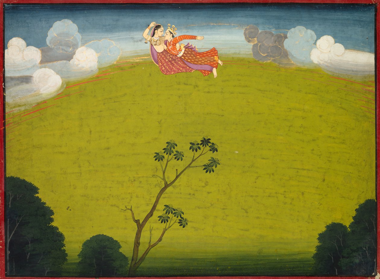 Pradyumna and Mayavati Fly to Dvaraka, from the Large Basohli Bhagavata Purana by Unknown artist