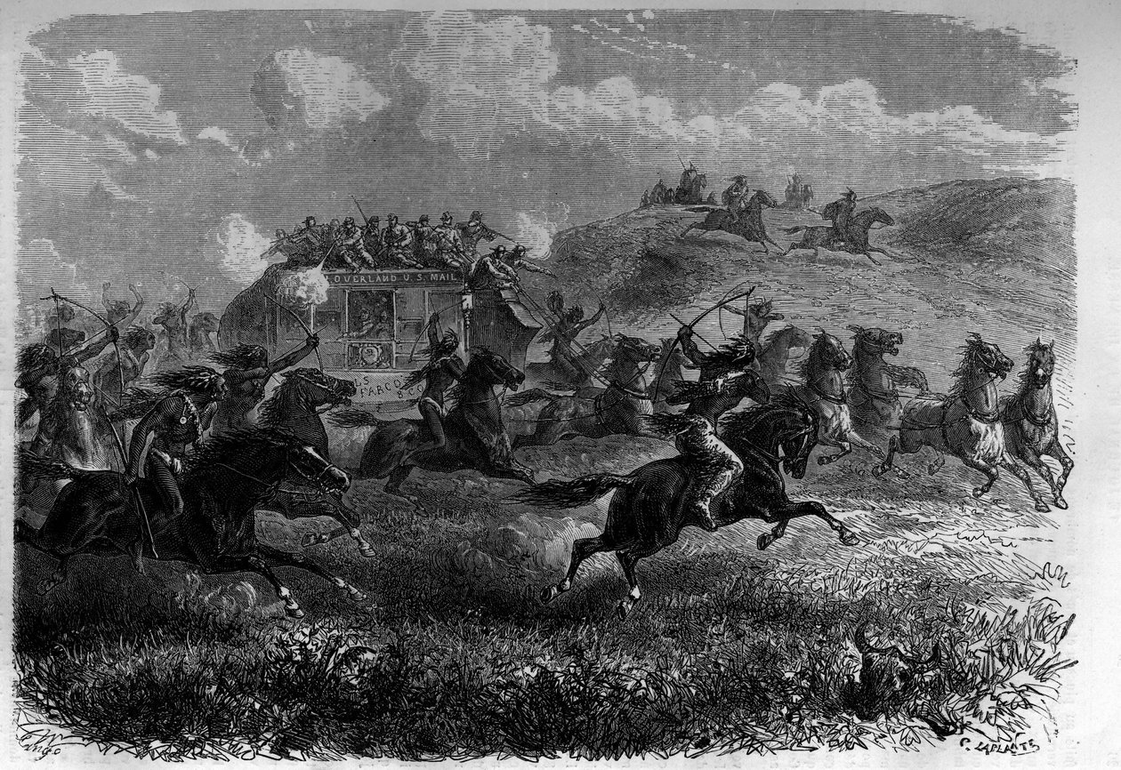 Red Skin Riders attacking a diligence in the Prairie. Engraving in 