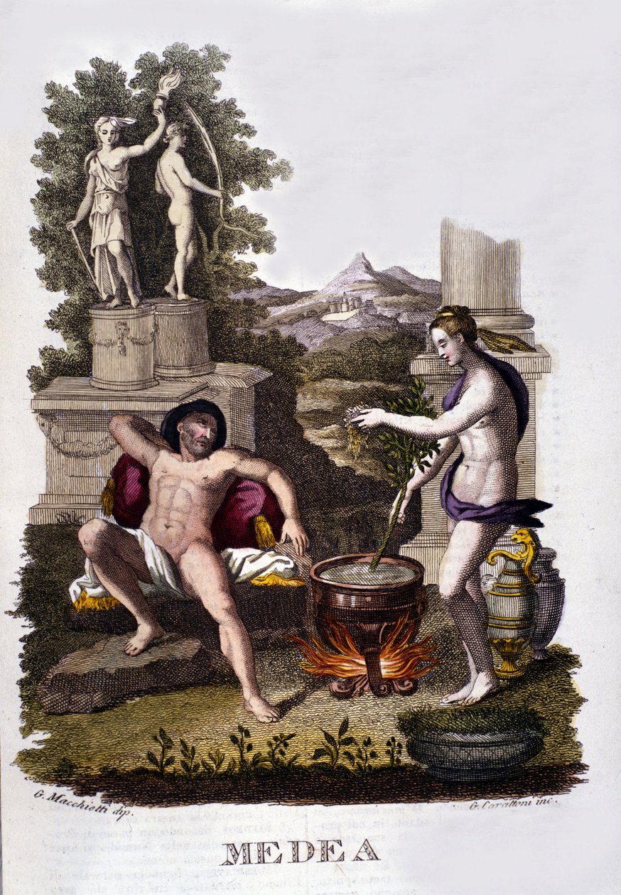 Representation of Medea preparing his curses after the cycle of Argonauts. Engraving of the 19th century. by Unknown artist