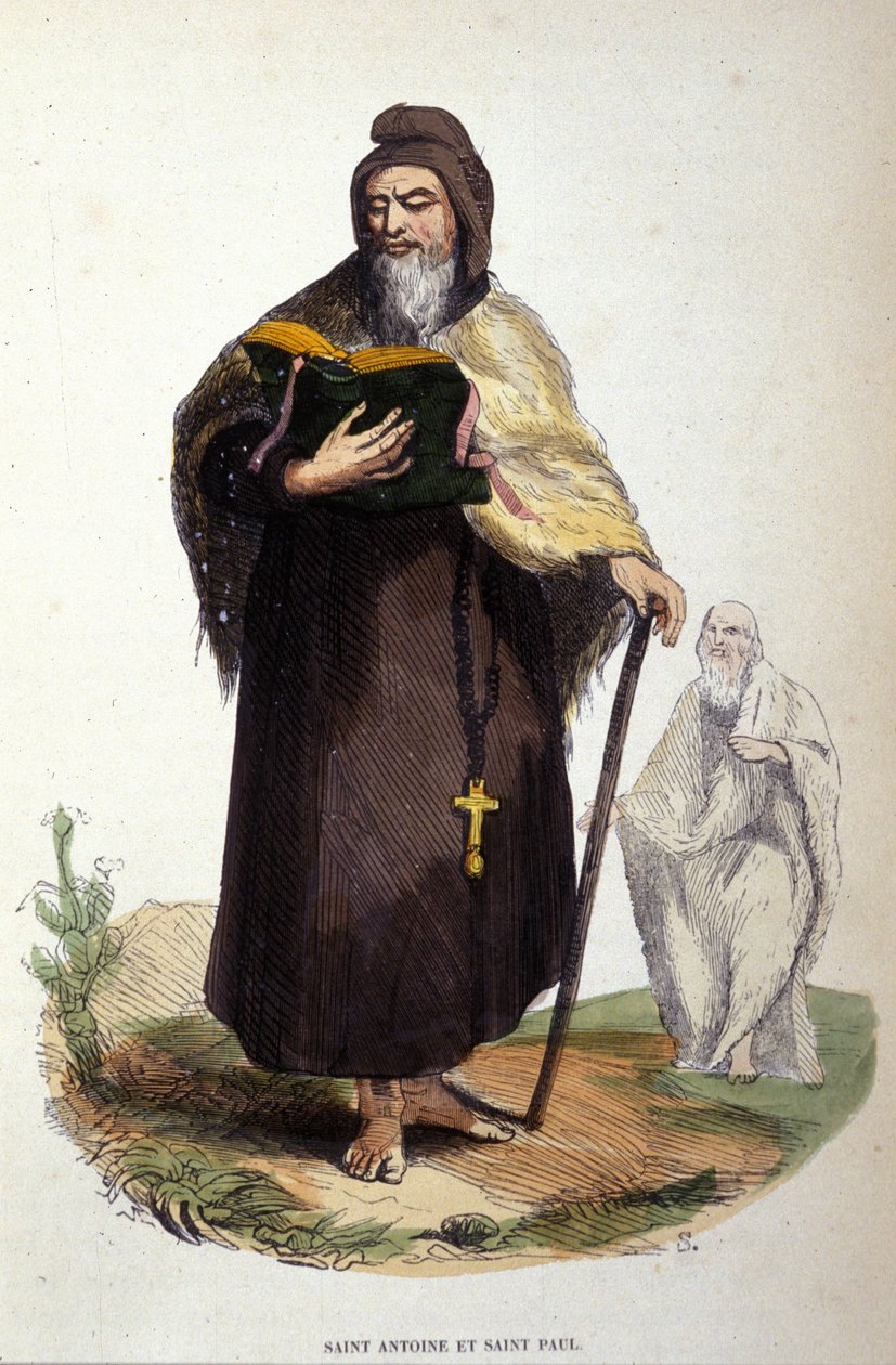 Representation of Saint Anthony the Great and Saint Paul of Thebes. 19th century engraving. by Unknown artist