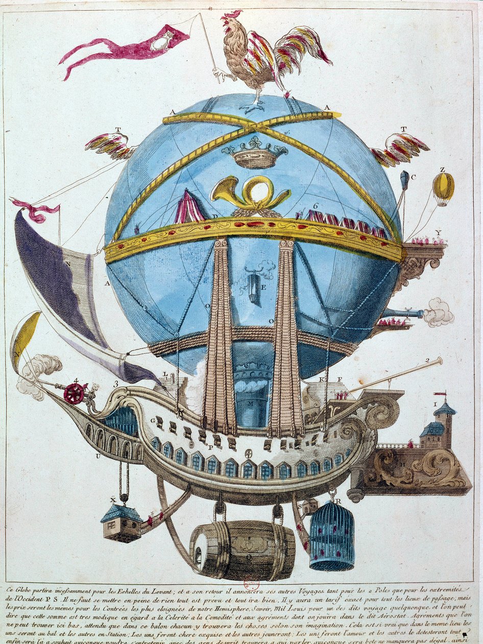 Representation of a journey in a balloon, satirical engraving of the 18th century by Unknown artist