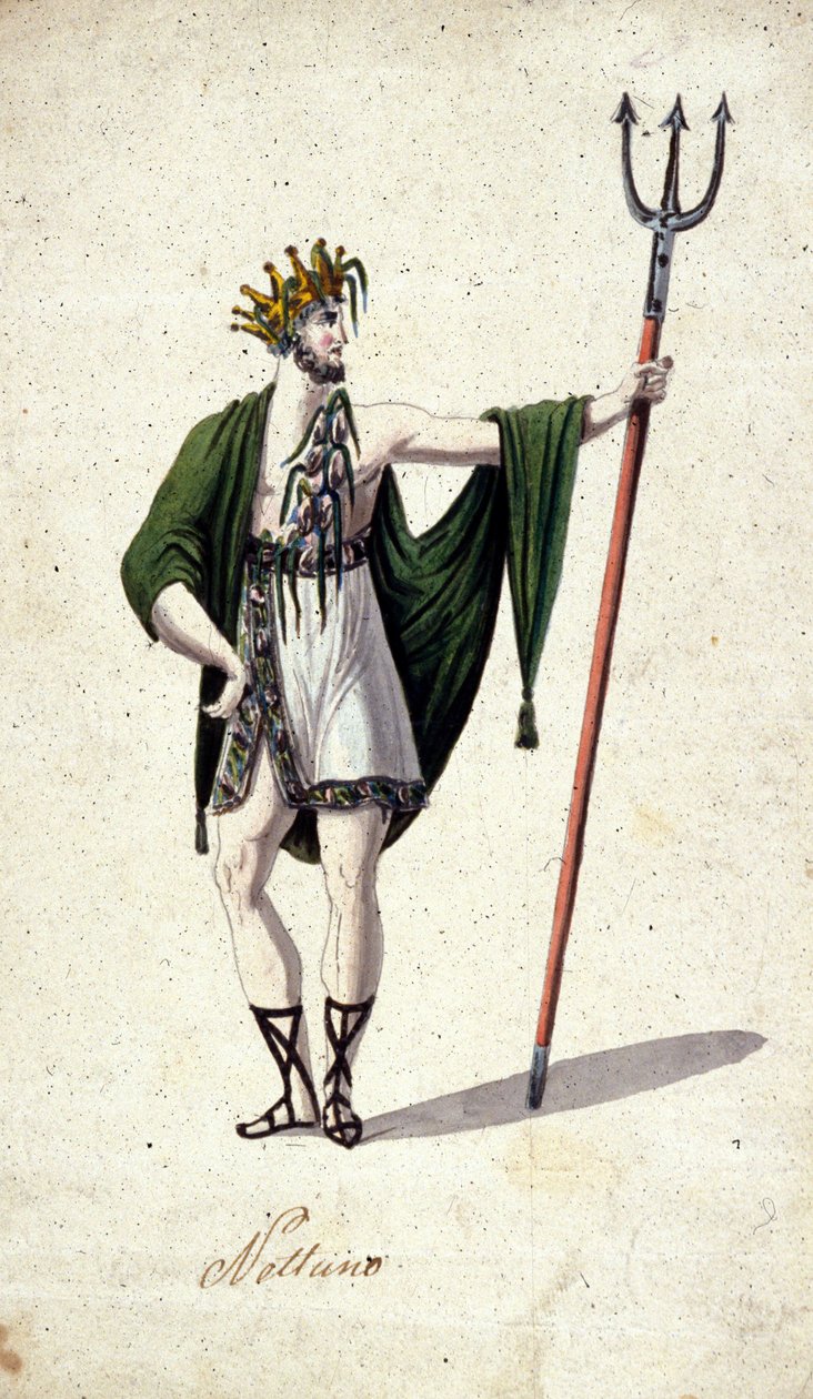 Representation of the Roman God Neptune Holding a Trident. Watercolour of the 18th Century by Unknown artist