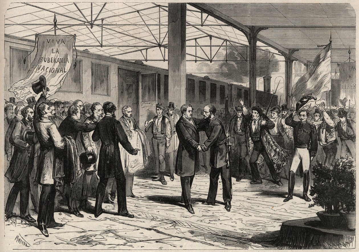 Revolution of September 1868 in Spain: arrival of Salustiano Olozaga in Madrid. Engraving in 