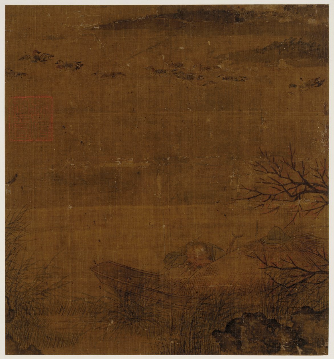 River Scene: A Man Asleep in a Boat - Ducks Swimming By by Unknown artist