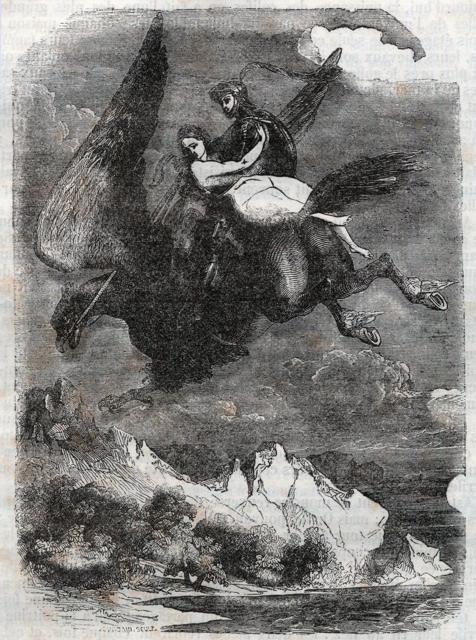 Roger and Angelica on the hippoclaw - engraving from 1851 from 