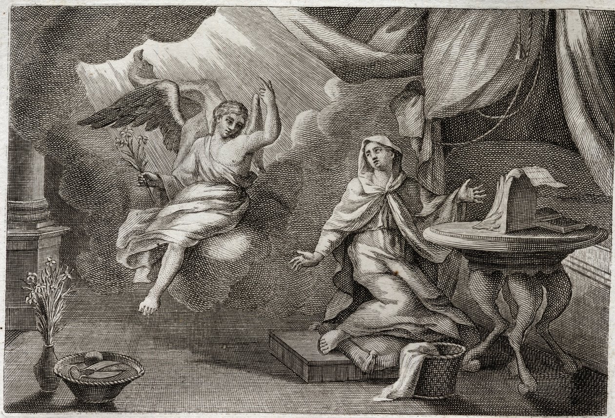 Royaumont Bible, New Testament: Annunciation of the Virgin. Archangel Gabriel has come to deliver a message to Mary. Illustration from 1811. by Unknown artist