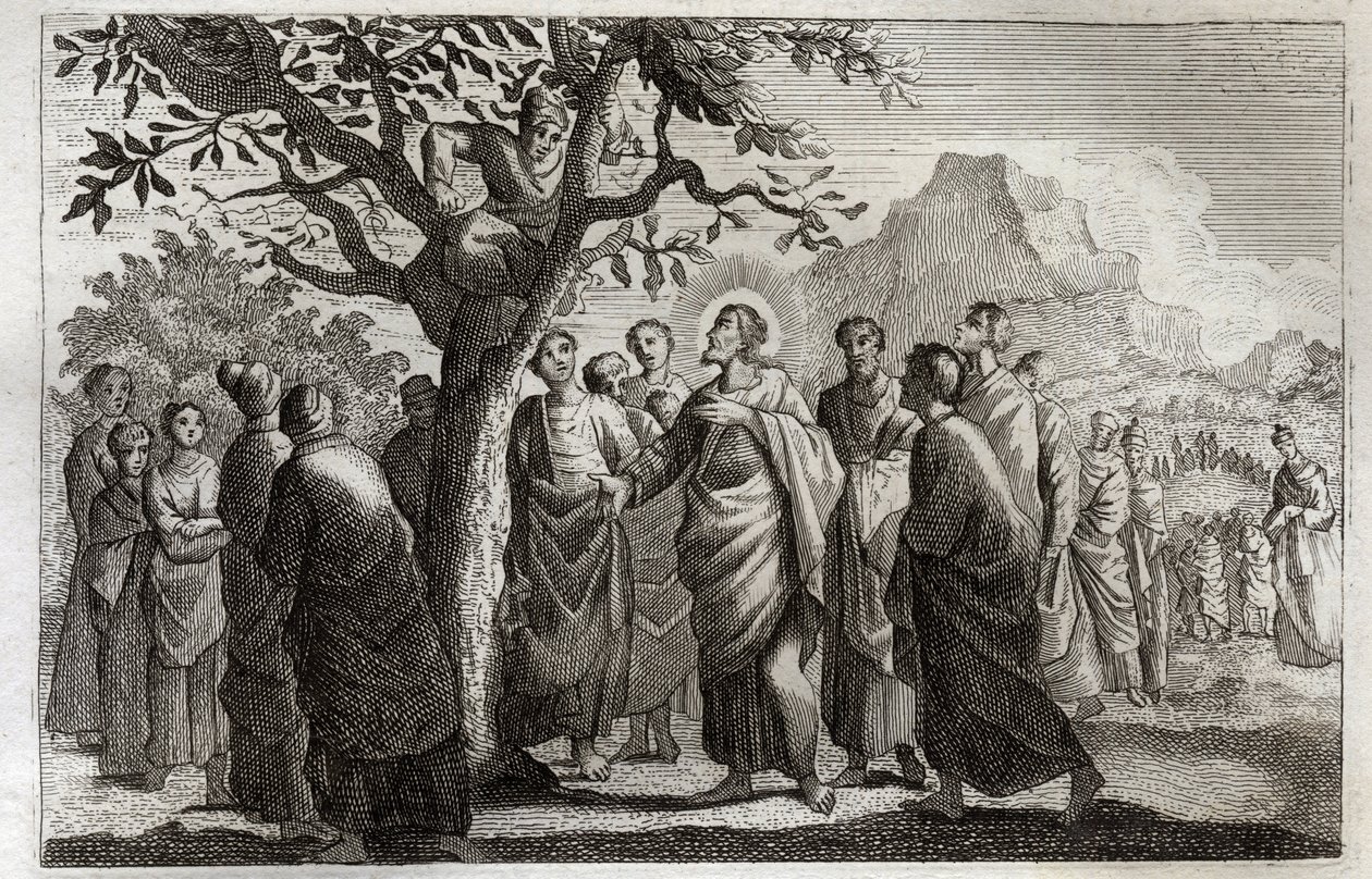 Royaumont Bible, New Testament: Conversion of Zacchaeus. Jesus Christ speaking with Zacchaeus perched on the sycamore. Illustration from 1811. by Unknown artist