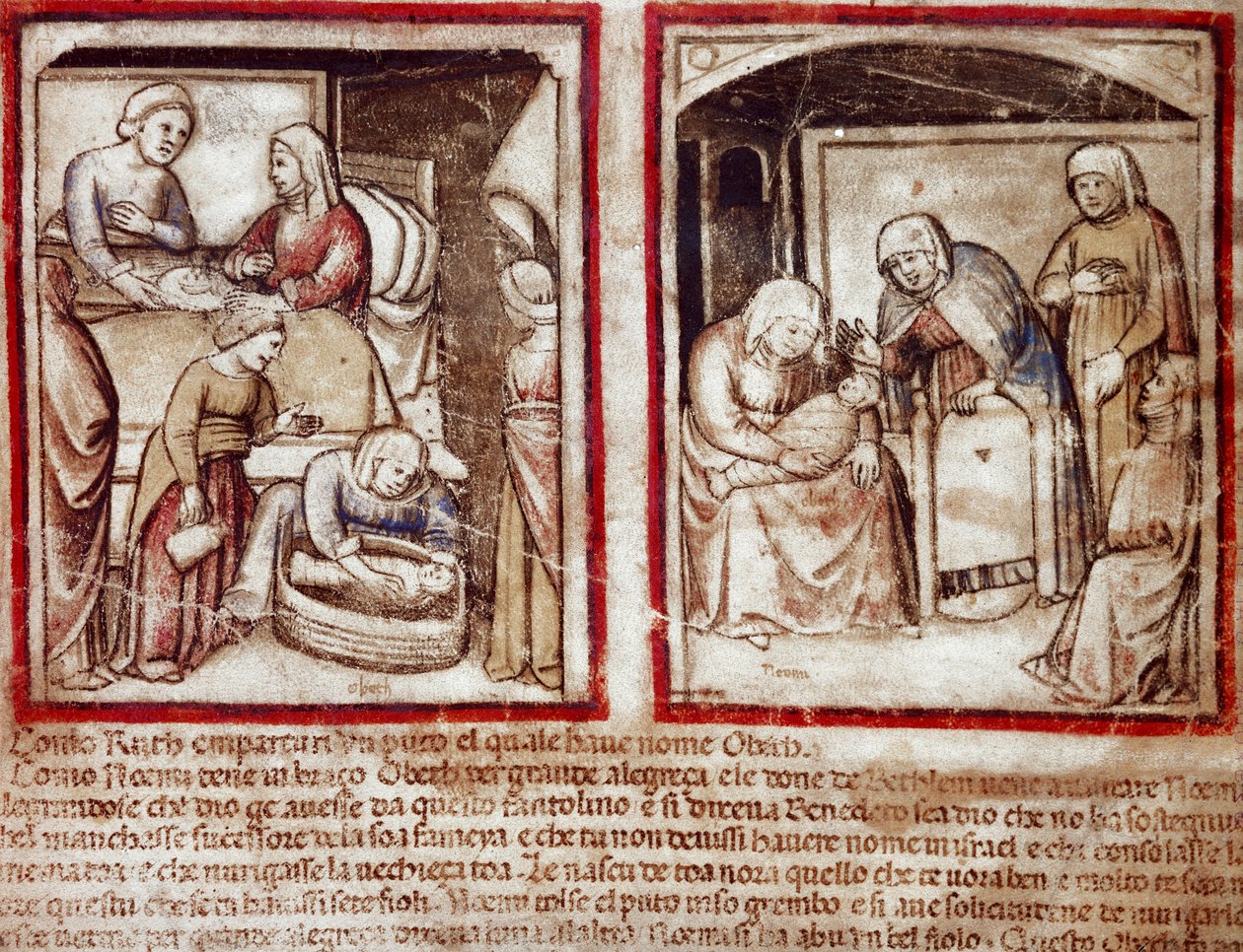 Ruth gives birth to Obed son of Boaz. Miniature from codex 212 (or padovano codice or Bible of Padua) 1390-1400 Rovigo, Accademia dei Concordi by Unknown artist