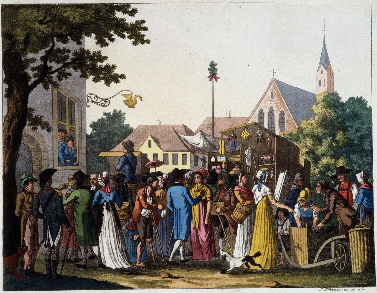 Scene of walking in the 18th century - engraving by Unknown artist