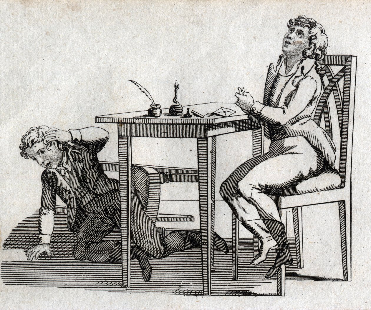 Schoolers have a table with inkcrib. Engraving late 18th century. Private collection. by Unknown artist
