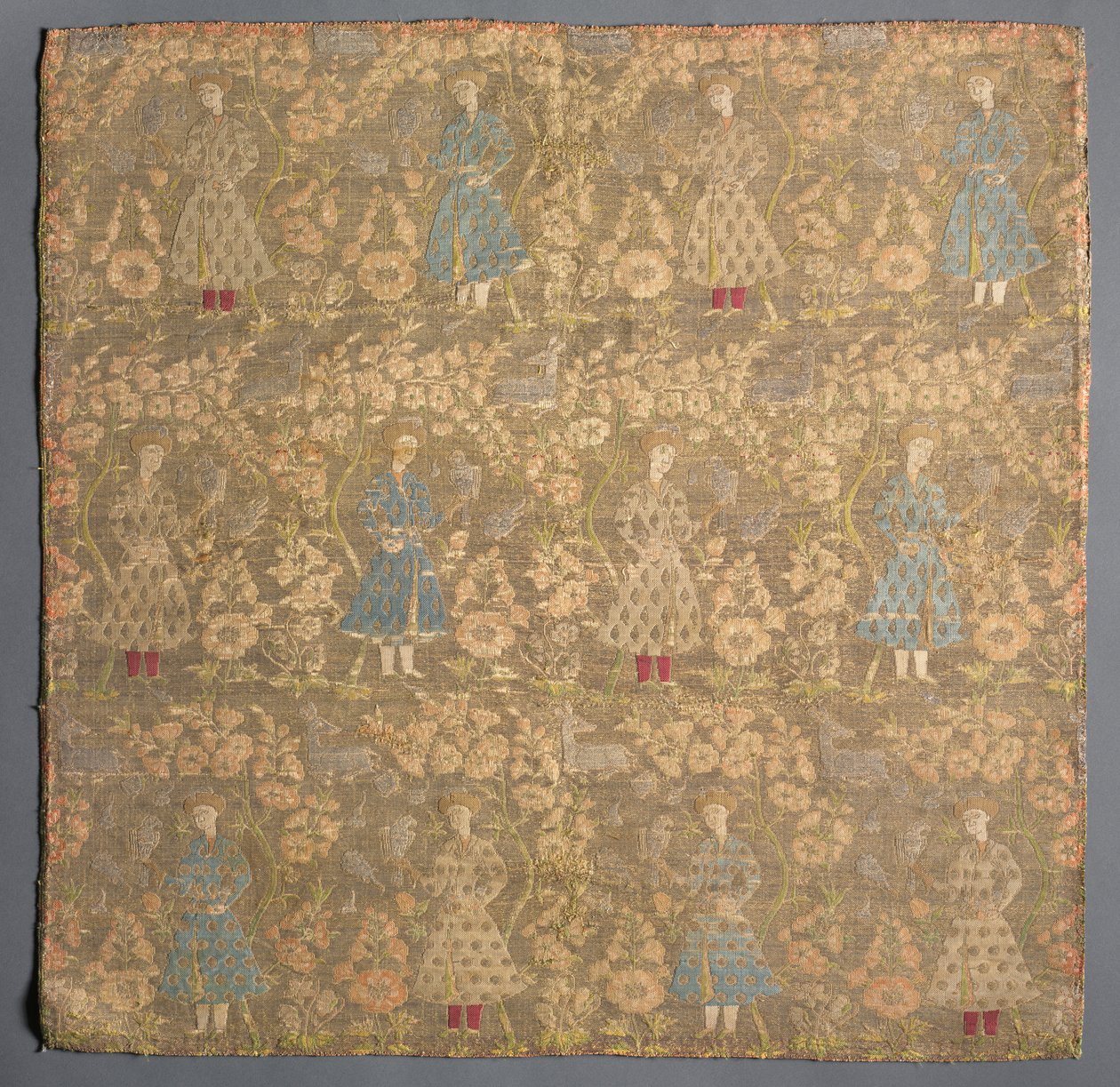Section of Silk Fabric with Falconers Amid Rose Bushes by Unknown artist