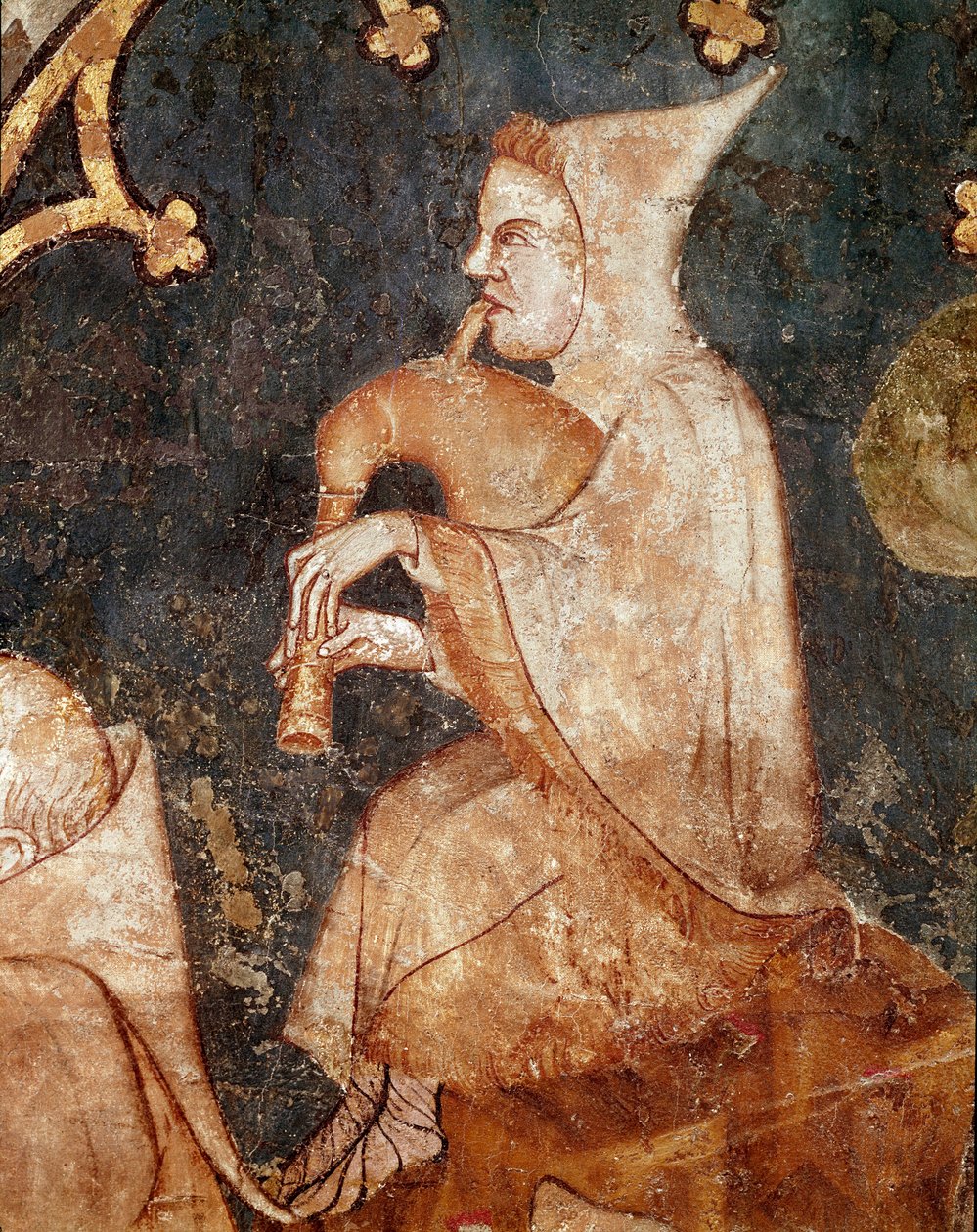 Shepherd Blowing in a Bagpipe. Detail. 14th century fresco. From Olite (Navarre). Museum of Navarre, Pamplona by Unknown artist