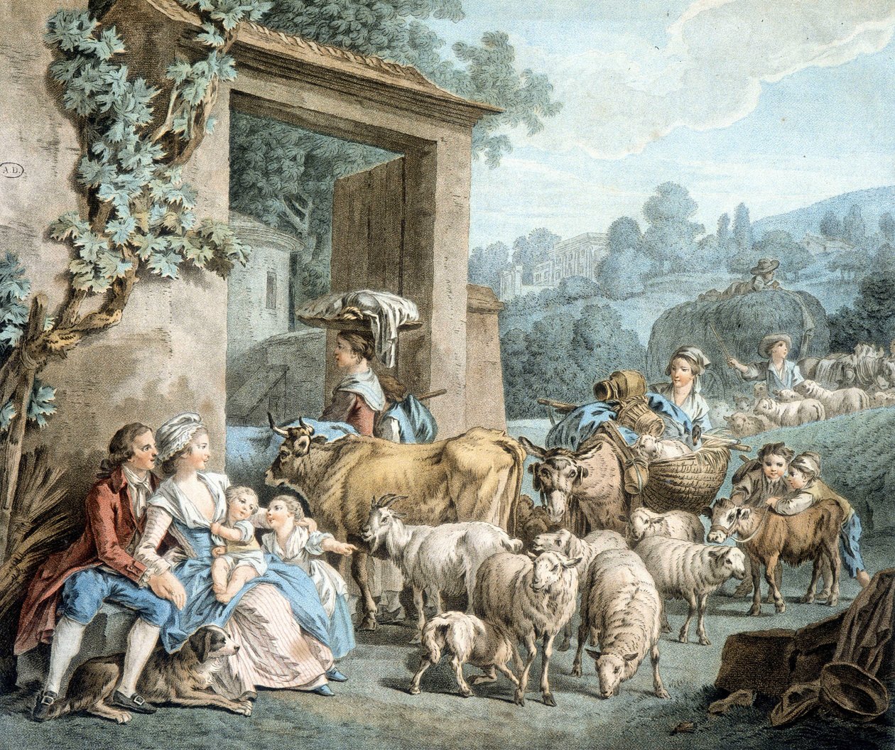 Shepherds and Sheep Flock in Front of a Farm by Unknown artist
