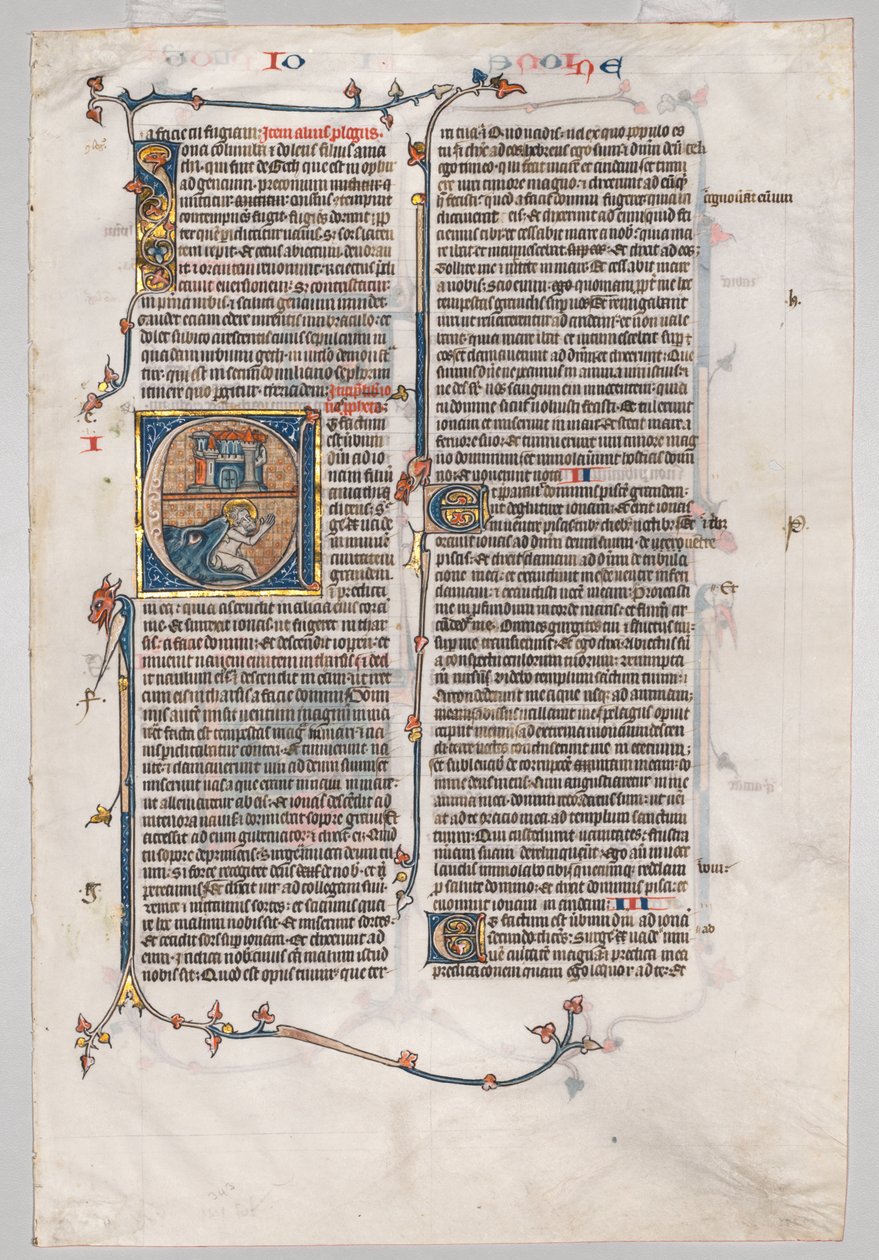 Single Leaf from a Bible: Initial E[t factum est] with Jonah Swallowed by the Whale by Unknown artist