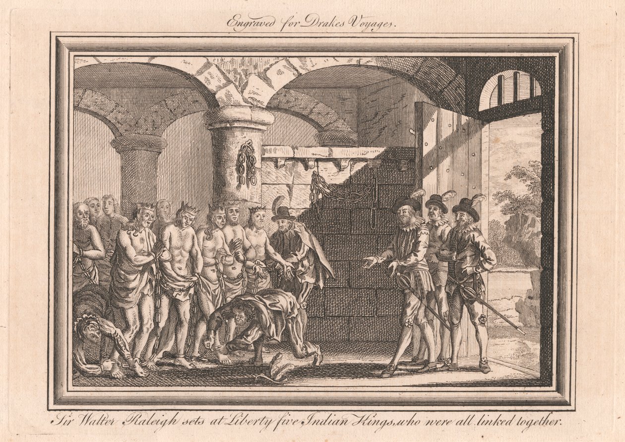 Sir Walter Raleigh Sets at Liberty Five Indian Kings, Who Were All Linked Together by Unknown artist