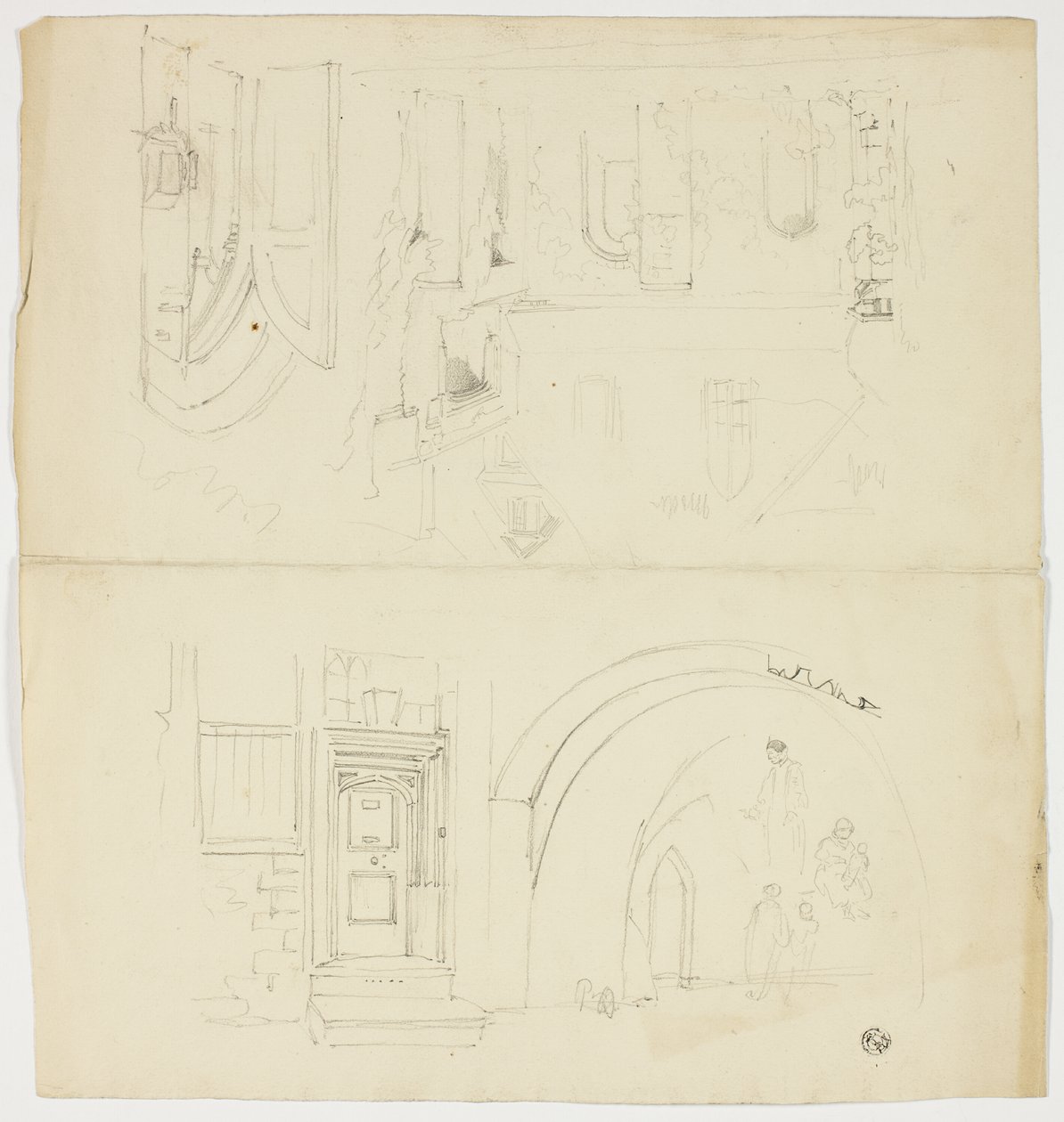 Sketches of Doorway, Figures, Building with Side Entrance to Church (recto); Sketch of Spire (verso) by Unknown artist