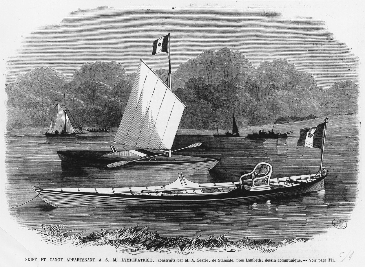 Skiff and Canoe Next to the Empress, Built by M.A. Searle de Stangate, Near Lambeth (engraving) by Unknown artist