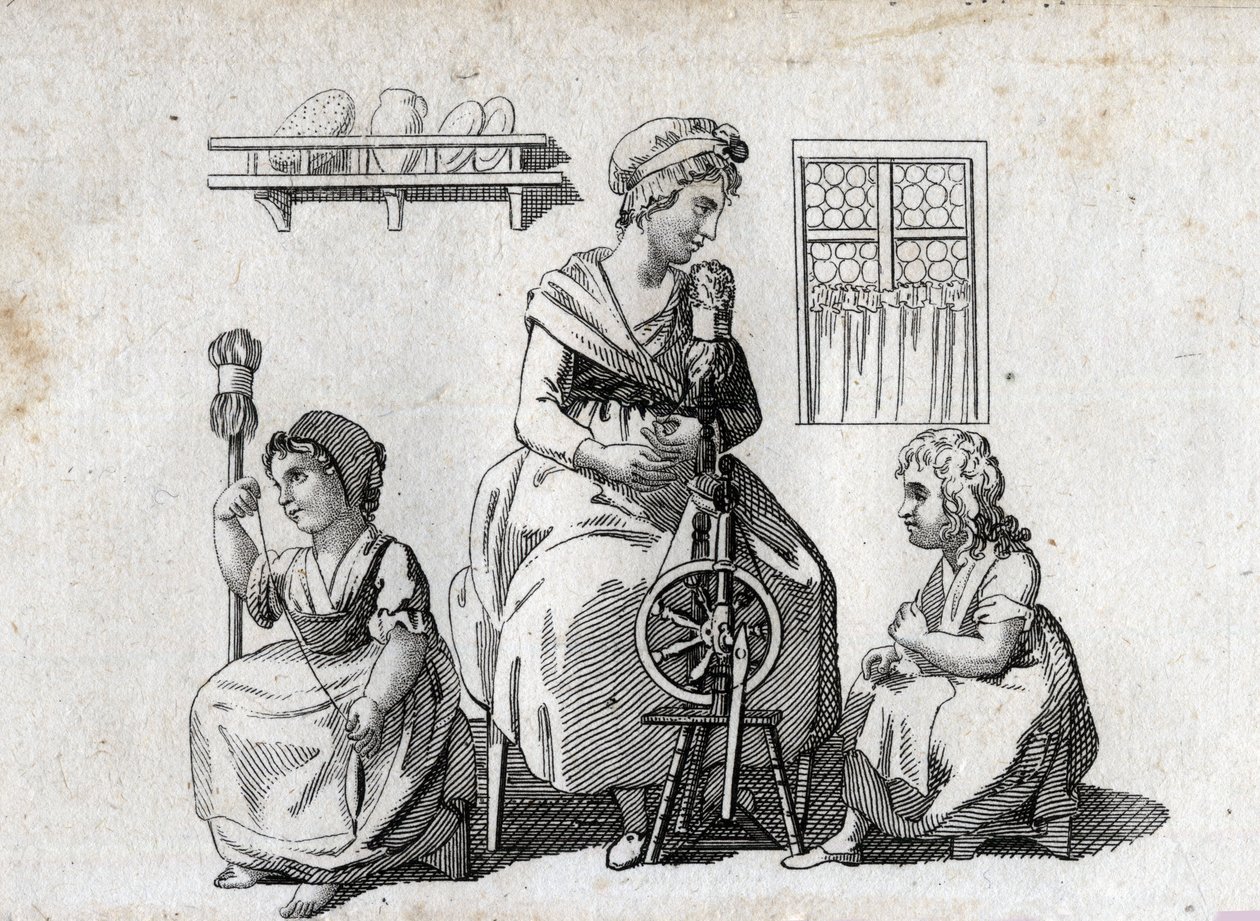 Spinning: mother and her daughters spinning wool. End engraving of the 18th century. Private collection. by Unknown artist