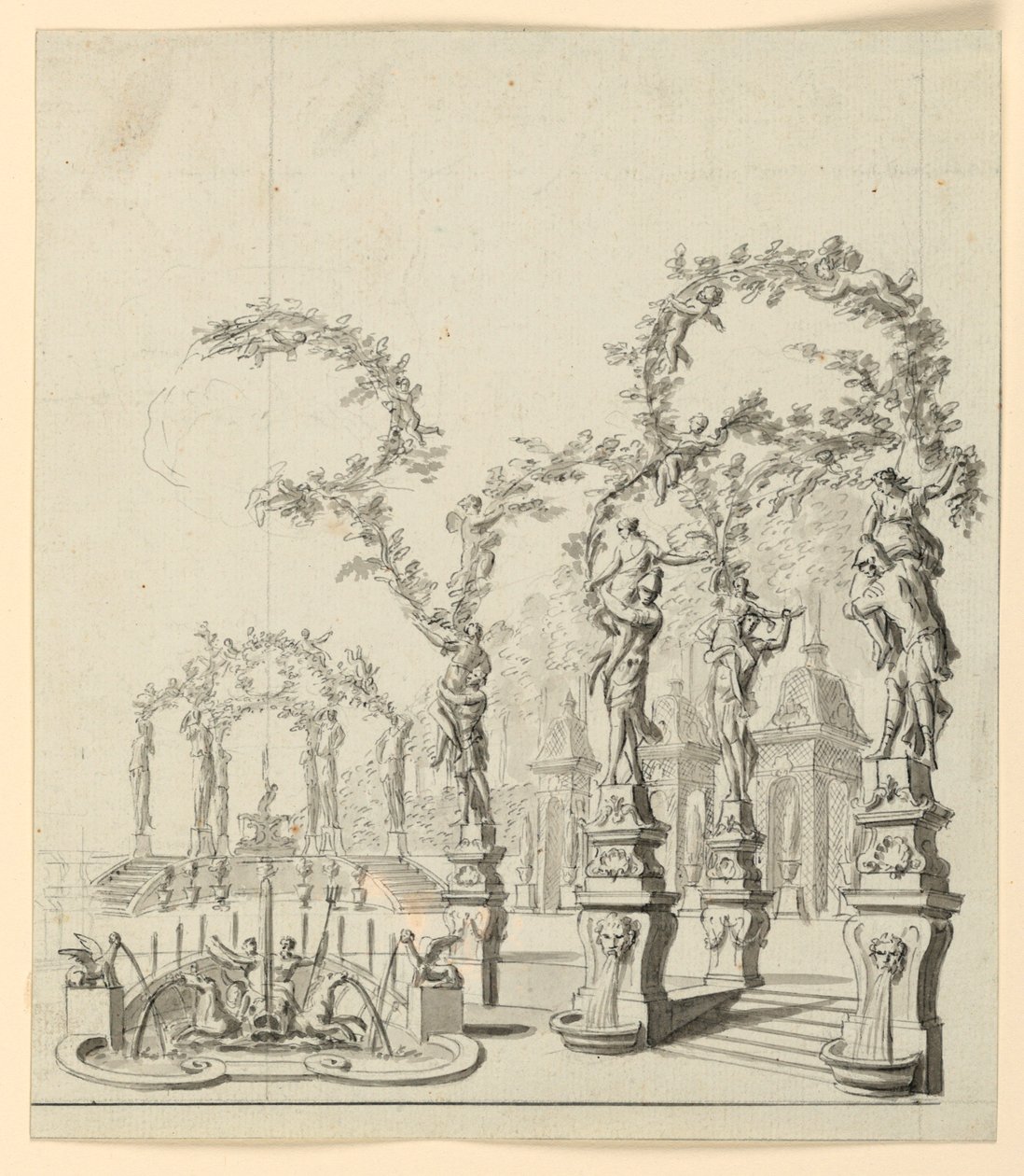 Stage Design: Garden Architecture with Fountain and Sculptures by Unknown artist