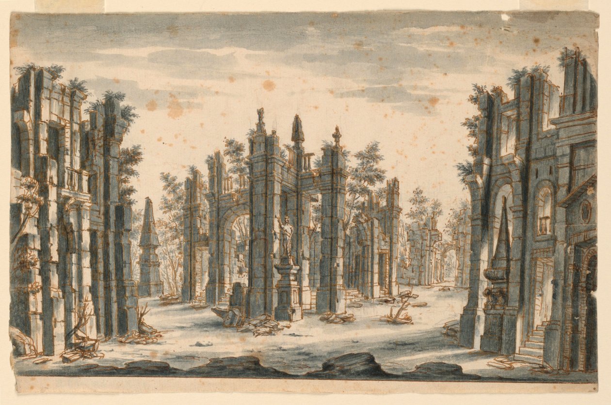 Stage Design, Group of Ruined Buildings with Obelisks by Unknown artist