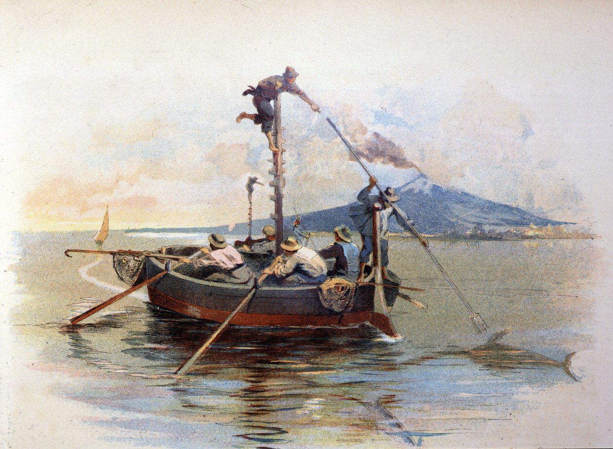 Swordfish harpoon fishing in the Strait of Messina in Sicily. Watercolour 1898 by Unknown artist