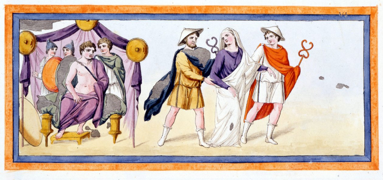 Talthybios and Eurybates take the virgin Briseis before Achilles, who stands in the tent of the Myrmidones. Iliad Chant I, v 345. Engraving from the end of the 18th century by Unknown artist